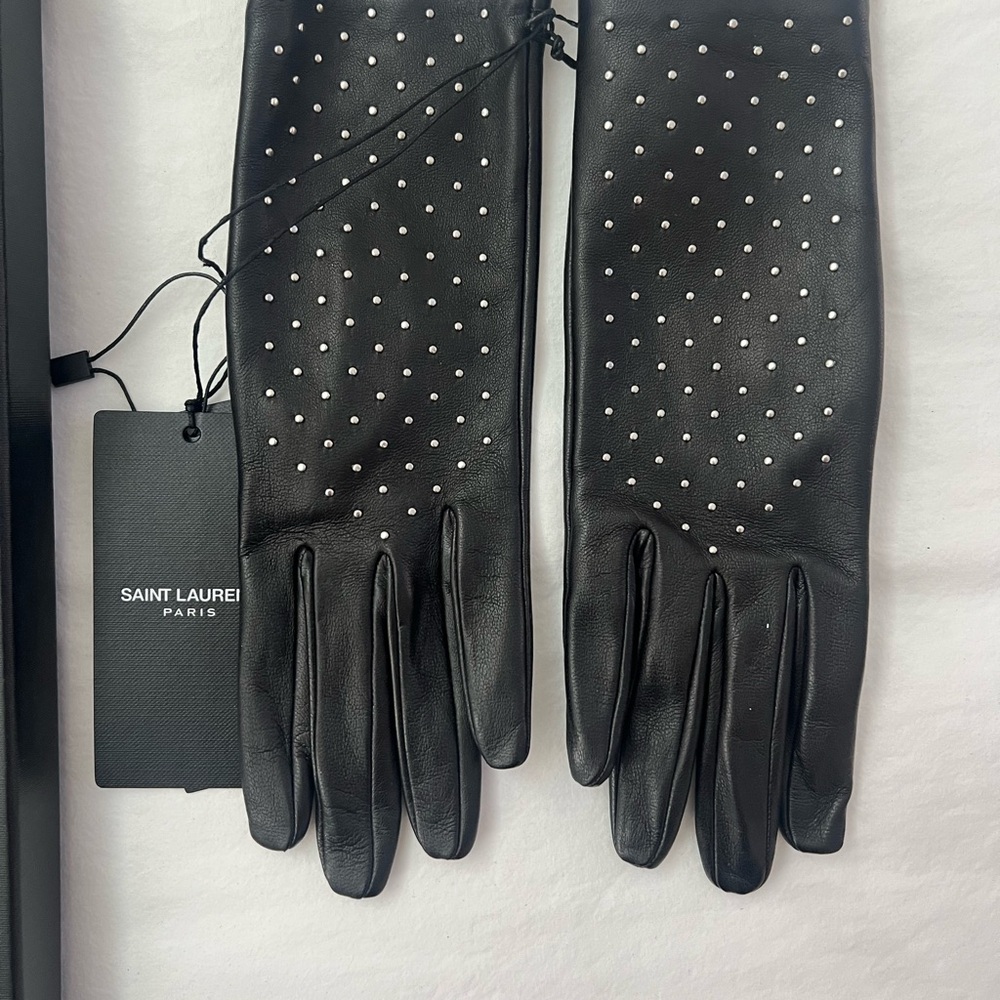 Saint Laurent Black Leather Gloves with Silver Studs - Picture 2 of 5